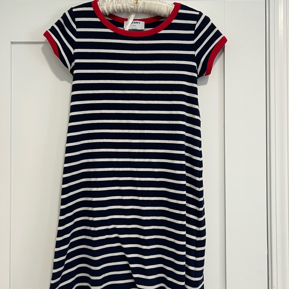 Old Navy Navy & White Striped Knit Dress with Red Trim